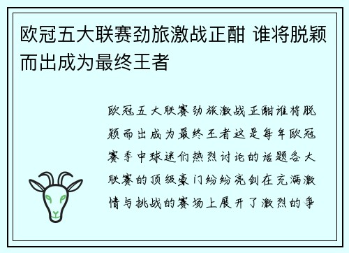 欧冠五大联赛劲旅激战正酣 谁将脱颖而出成为最终王者