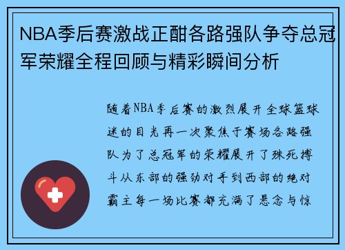 NBA季后赛激战正酣各路强队争夺总冠军荣耀全程回顾与精彩瞬间分析