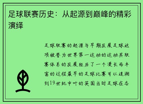 足球联赛历史：从起源到巅峰的精彩演绎