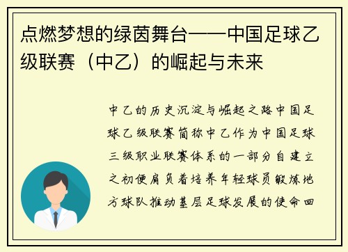 点燃梦想的绿茵舞台——中国足球乙级联赛（中乙）的崛起与未来