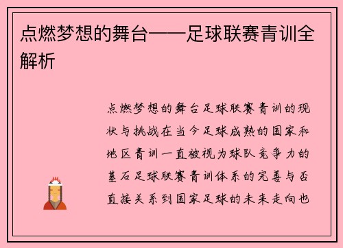点燃梦想的舞台——足球联赛青训全解析